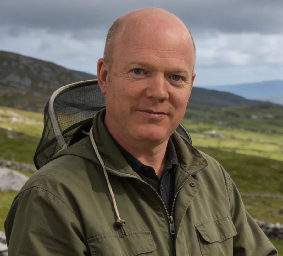 Sean Mellett wearing beekeeping gear in the Connemara landscape